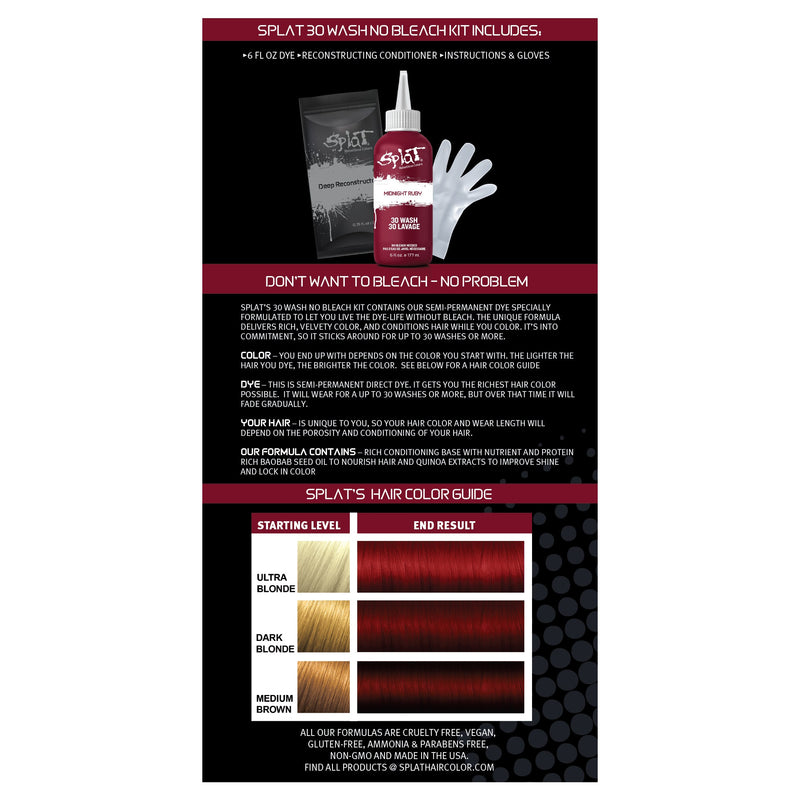Splat Midnight Kit de coloration semi-permanente à domicile Teinture capillaire pour brunes - Ruby